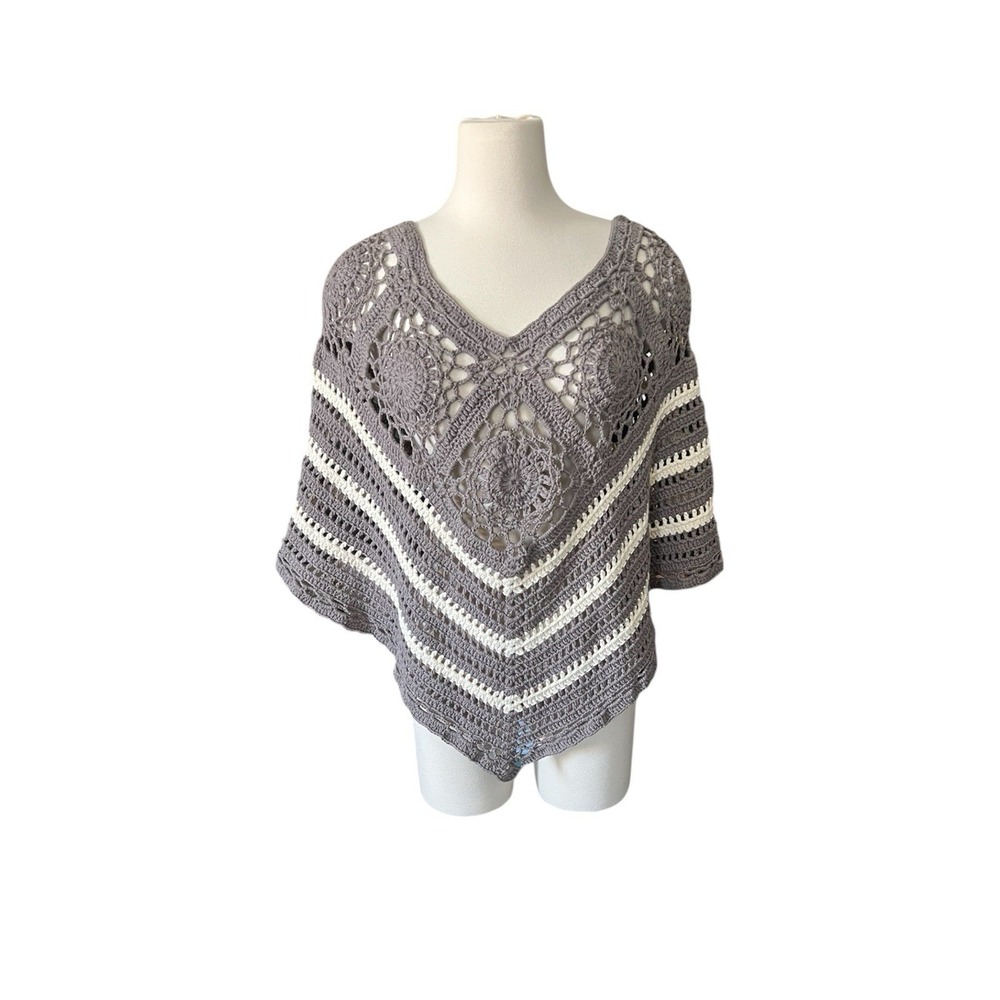 Handmade Crochet Poncho Top Shawl One Size Neutral Festival Boho Hippie
